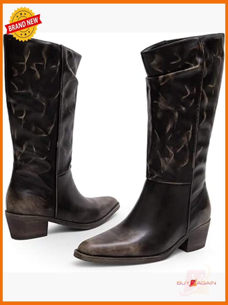 Women's Mid Calf Cowboy Boots Pointed Toe Block Heel Pull On Western